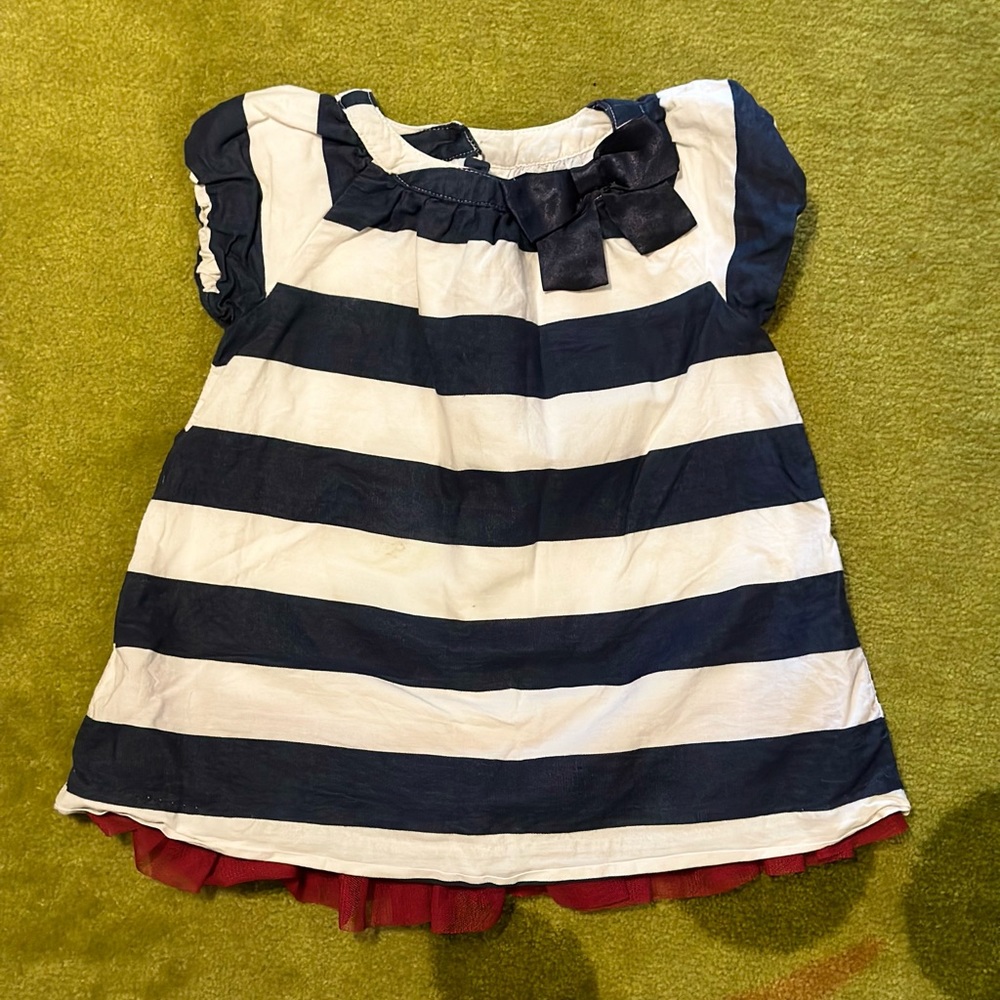 Used Baby Gap Navy Blue & White Striped Dress With Red Tulle 6-12 Months